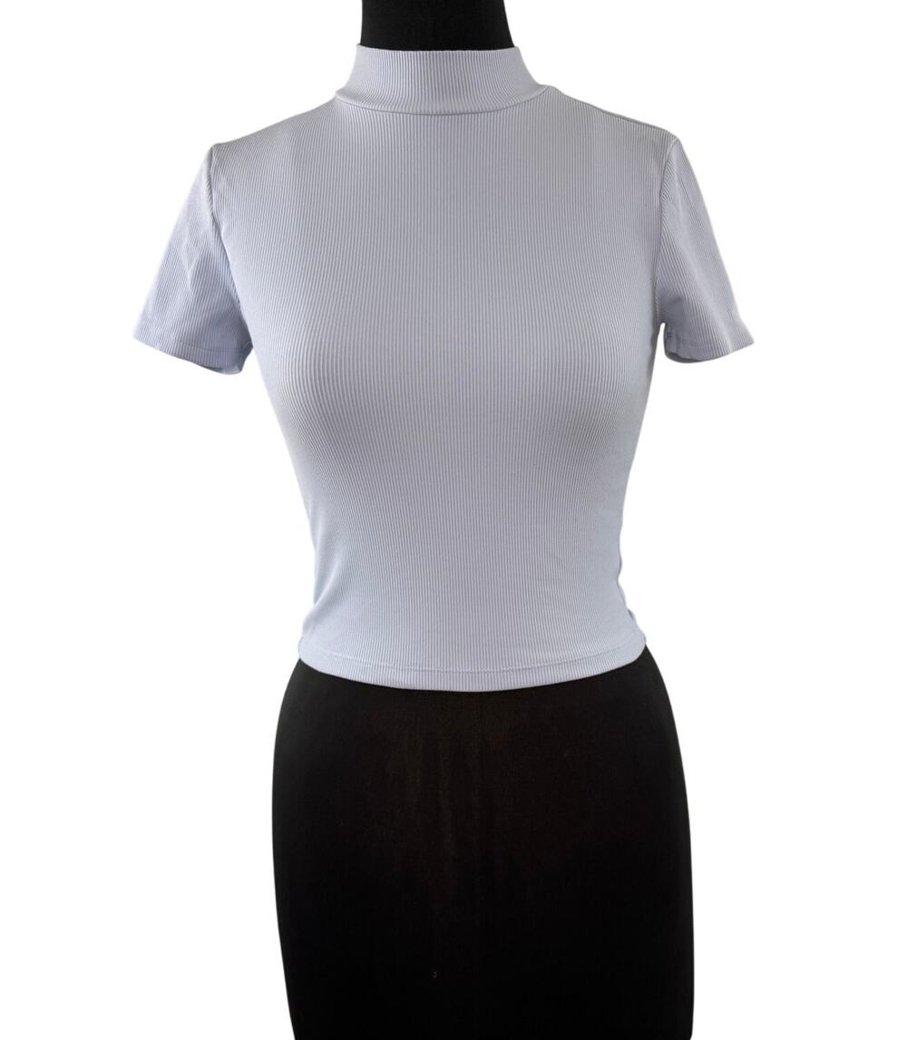 BABATON Light Blue Crop Top Ribbed Mock Neck Short Sleeve Pullover Tee S Small
